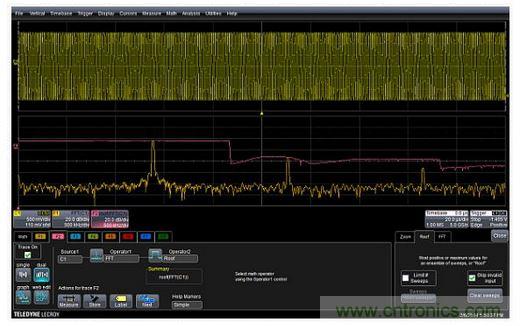 紅色曲線F2(中心)顯示了掃頻正弦波FFT中的每個(gè)頻率的峰值或最大值。曲線F1(底部)是沒(méi)有應(yīng)用最高或最大值的FFT。F2描述符盒子顯示了最高功能的設(shè)置