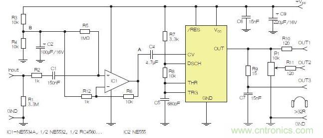 含運算放大器和NE555定時器的耳機(jī)和音頻線路驅(qū)動器。也可以使用CMOS版本(如LMC555)，但輸出電流較低。其優(yōu)點為工作頻率較高。