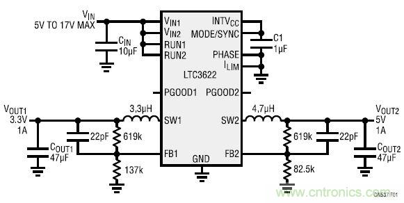 17V輸入、雙路1A輸出的同步降壓型穩壓器