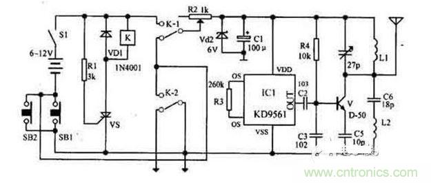 【導讀】隨著環(huán)保意識的增強，電動車已大量進入我們家庭，成為部分人必不可少的交通工具。如何防止電動車被盜則是車主十分關(guān)心的問題，為此，出現(xiàn)了各類電動車防盜鎖。除此之外呢？還有什么好的方法防盜呢？我們?yōu)榇蠹医榻B一款電動車防盜報警器電路圖。  各類電動車防盜鎖大量涌出，但是，電動車被盜現(xiàn)象仍層出不窮，較高級的電動車防盜鎖在短時間內(nèi)難以破壞，盜賊便將電動車搬上其它車輛上盜走，這樣，再高級的防盜鎖也顯得無能為力了。鑒于此，我們?yōu)榇蠹医榻B一款電動車防盜報警器電路圖。 1 報警器發(fā)射機部分是由繼電器K和可控硅VS用來控制發(fā)射機電路的電源。IC1組成警聲信號電路。晶體管V及其外圍元件組成射頻振蕩電路，發(fā)射報警信號。  在等待狀態(tài)時，開關(guān)S1接通，而SB1斷開（即車頭鎖被鎖住），K就處在釋放狀態(tài)，報警發(fā)射機不工作。當車頭鎖被打開時（即SB1接通），VS被觸發(fā)導通，K吸合，接通發(fā)射機電源。SB1接通后，K-2的常開點將其自鎖，此時只有斷開S1報警方能結(jié)束。在K動作時，其常閉觸點K-l斷開，切斷發(fā)動機點火電路。  接收機電路由TDA7010和開關(guān)功放TWH8778、TWH68組成。當IC2 收到報警信號時其互腳的高電平通過IC3經(jīng)IC4放大由TWH15放出報警聲。但要考慮到頻率的穩(wěn)定性，因為7010自身沒有頻率穩(wěn)定電路，在工作時要多作檢測，最好用印制板和貼片元件。  按上述操作方法停放車輛后，報警器即進入待報警狀態(tài)。在待報警期間，只要有人無論用什么方法打開車頭鎖或搬移車輛，都將觸發(fā)報警器報警不停，并切斷發(fā)動機電源使車輛無法起動，直至車主人趕來將點火鑰匙插入點火鎖內(nèi)轉(zhuǎn)到關(guān)的位置，報警才能解除。