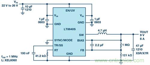 42 V、6 A（峰值7 A）、超低EMI輻射、高效率降壓型穩(wěn)壓器