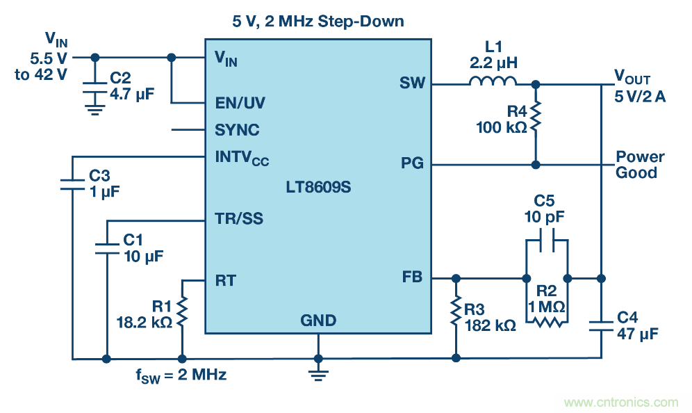 具 2.5 &mu;A 靜態電流和超低 EMI 輻射的 42 V、2 A/3 A 峰值同步降壓型穩壓器